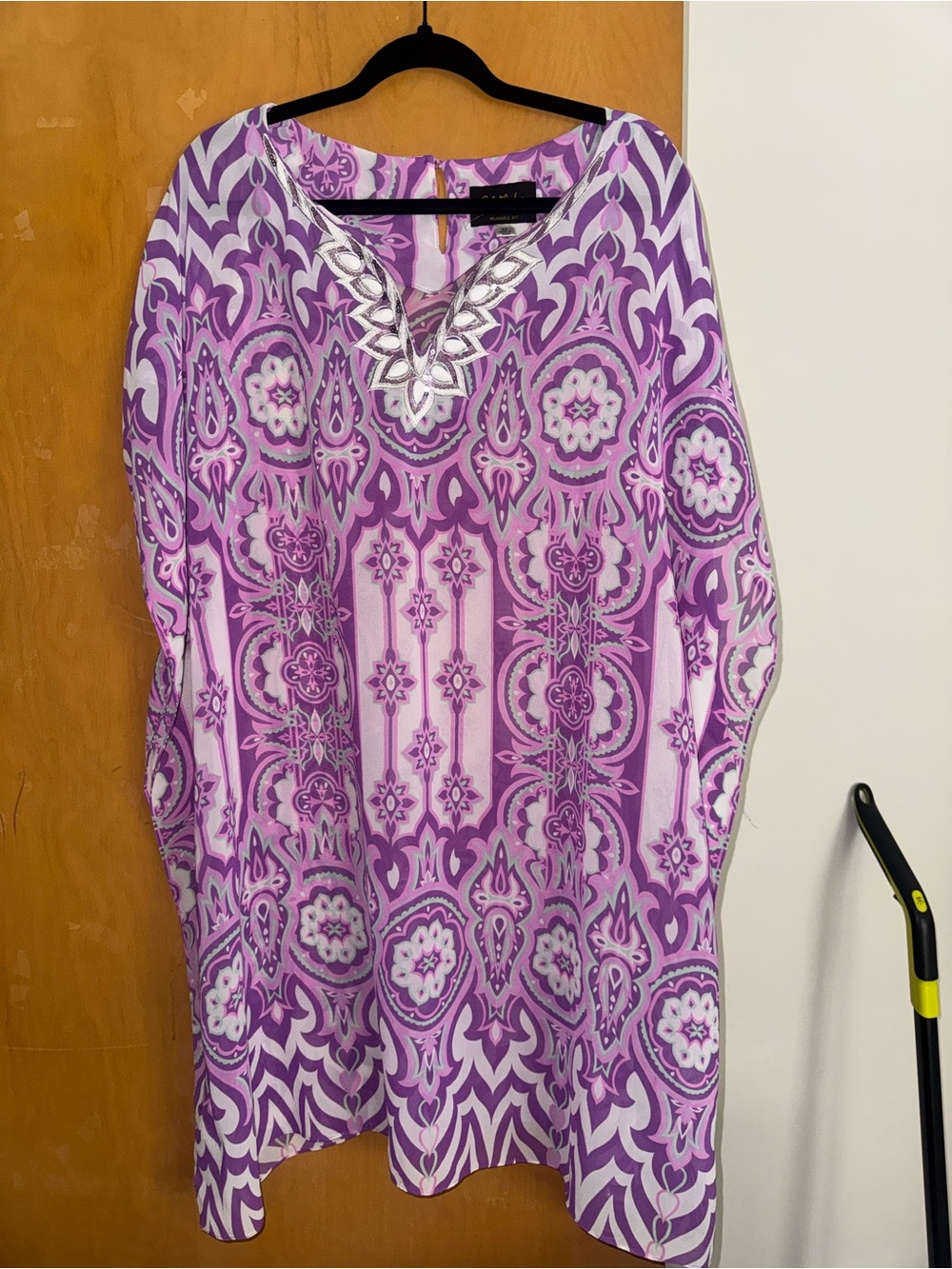 Bob Mackie Purple and White Printed Midi Dress with Embellished Neckline
